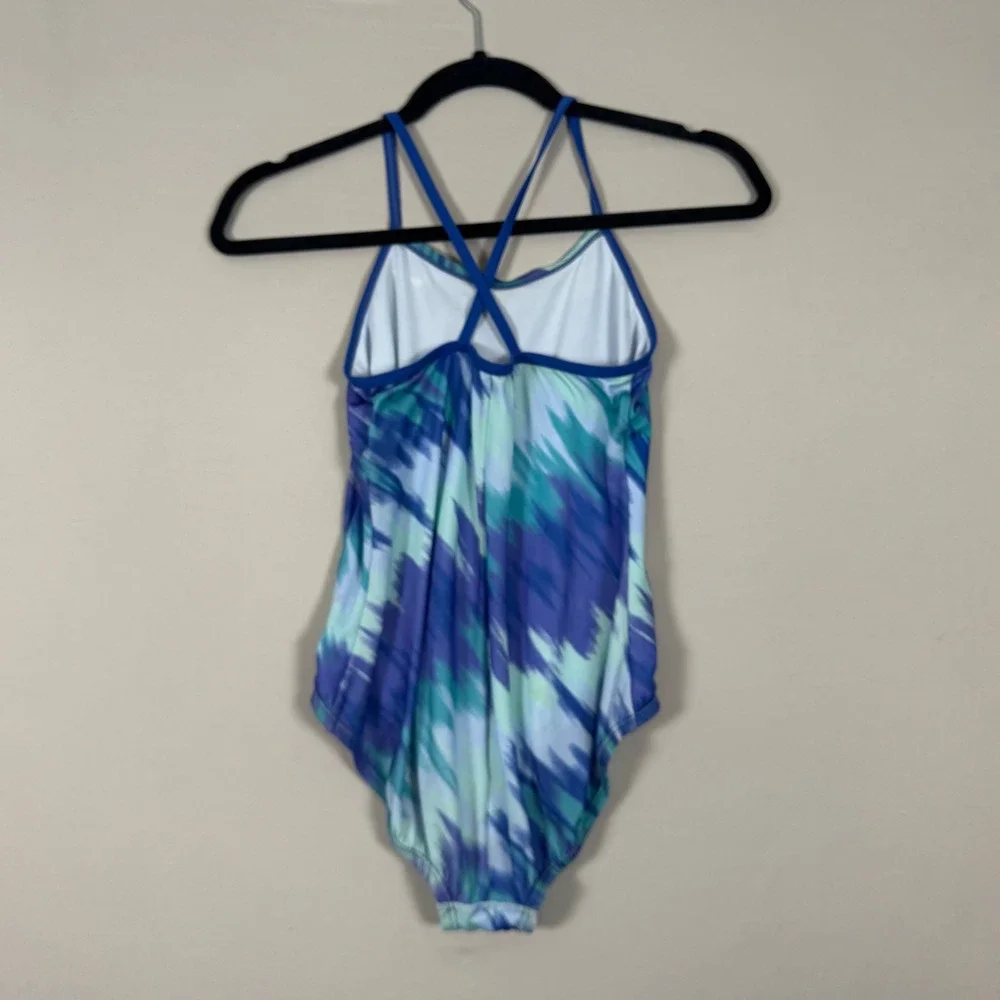 Nike Swimsuit Set Girls Size 10-12 Black & Blue Abstract One Piece Excellent